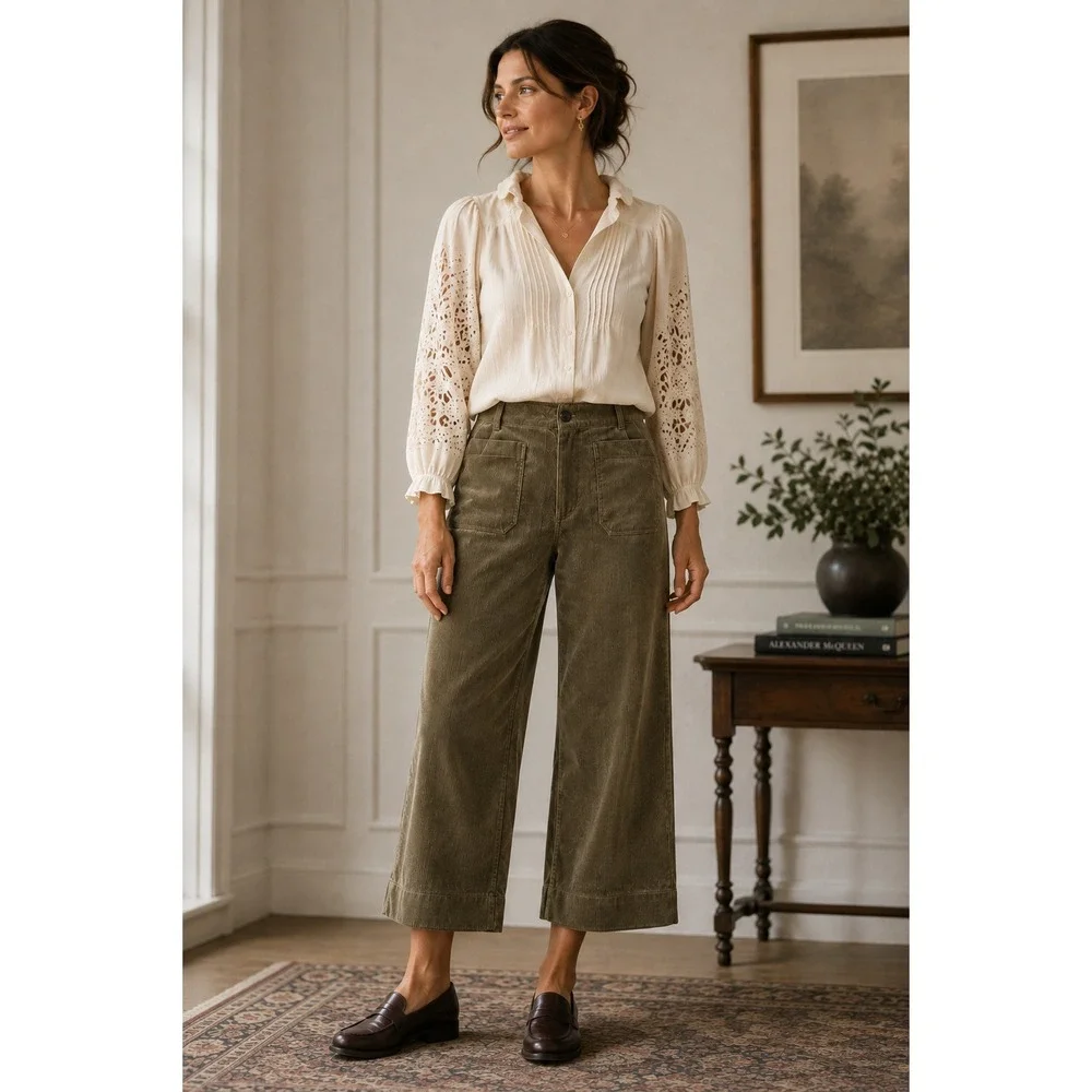 NWT Quince Organic Stretch Corduroy Cropped Wide Leg Pants Sz 16 Seaweed Green